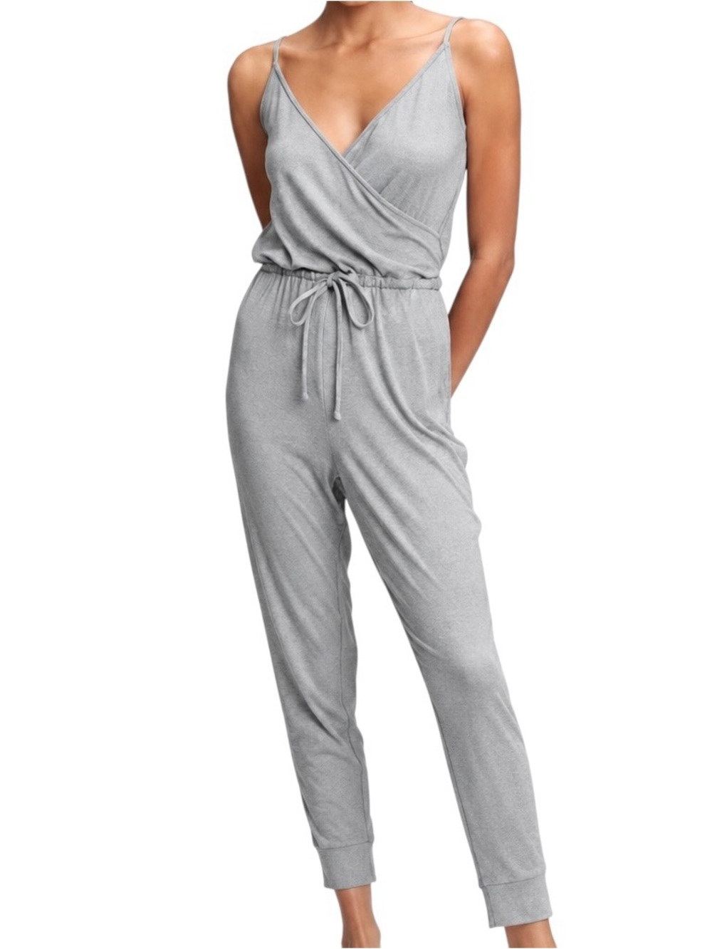 GAP Gray Ribbed Knit Surplice Jogger Jumpsuit Romper M Tall NWT